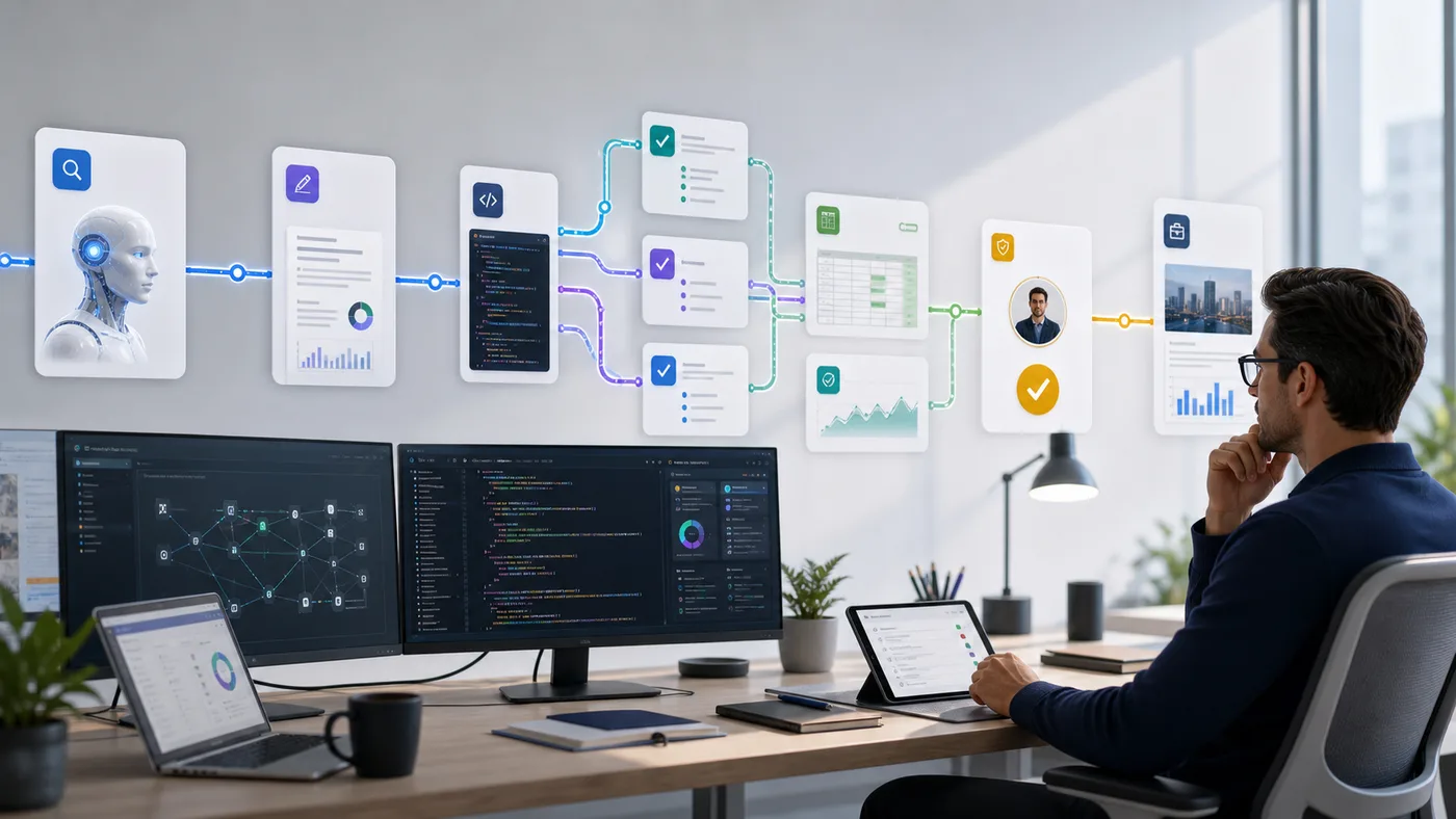 Workflow d'agents IA avec recherche, code, documents et validation humaine