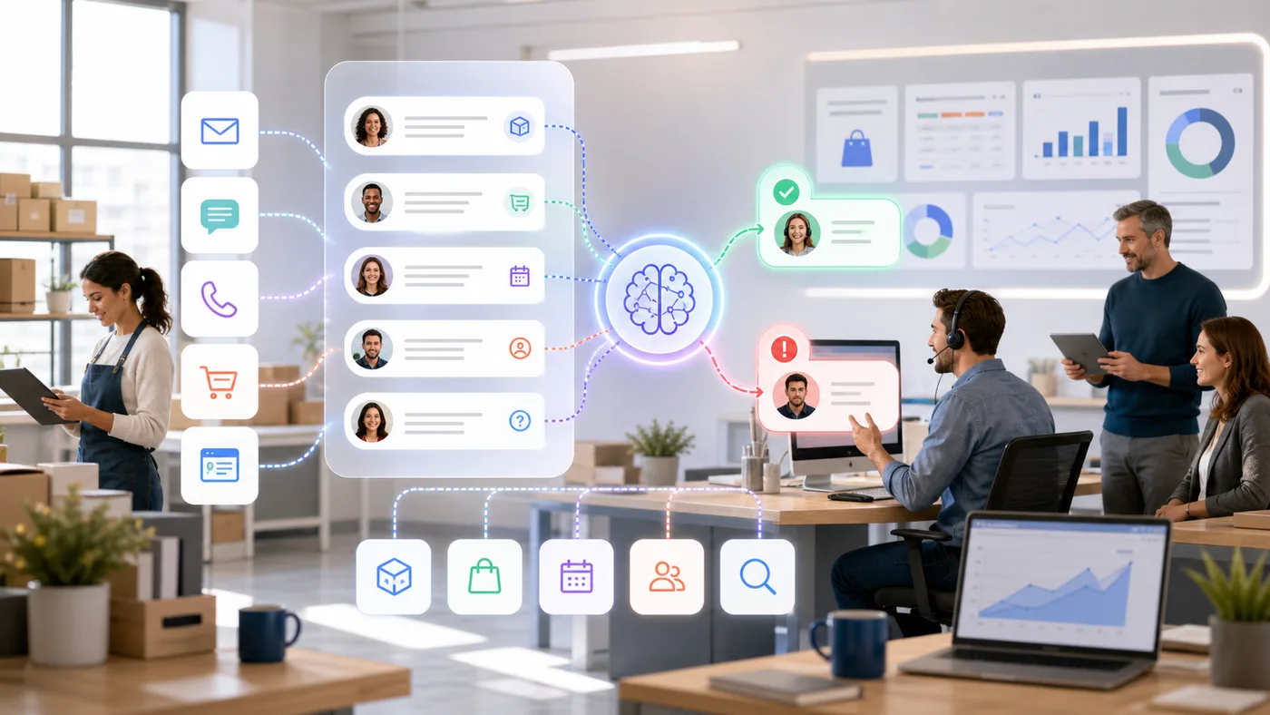 Équipe professionnelle supervisant un assistant IA pour le support client, les ventes et la planification