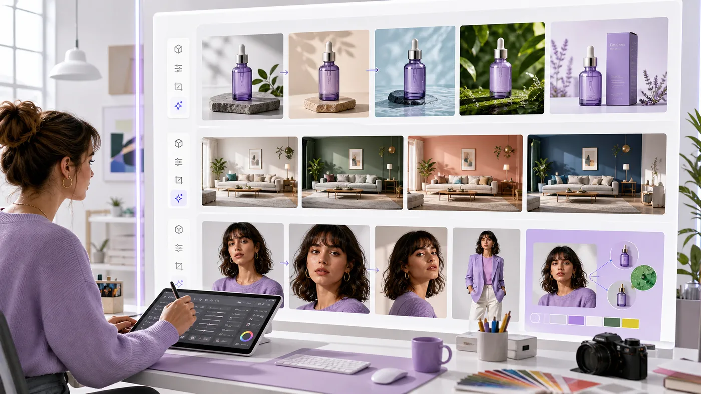 Professional AI image studio showing consistent product, interior and portrait variations