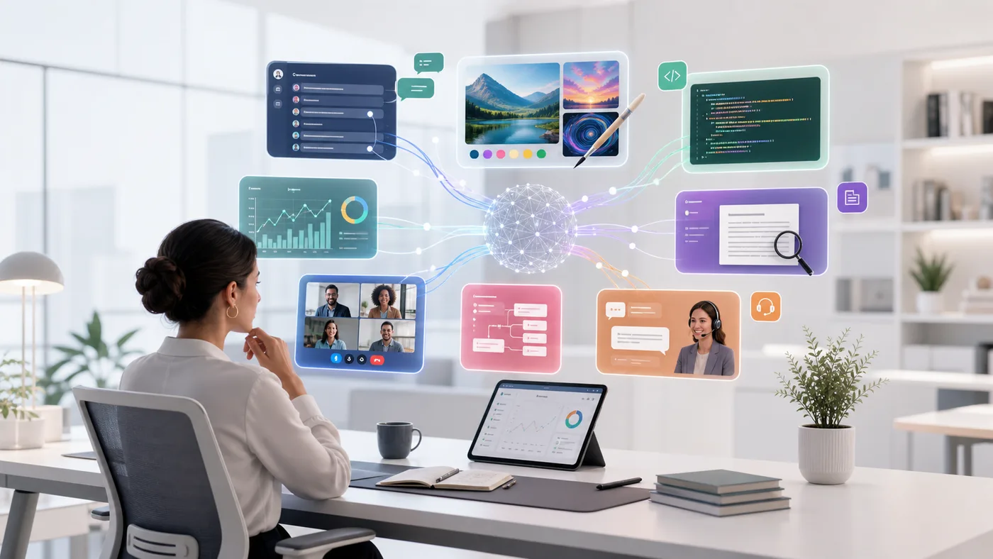 Professionnelle comparant plusieurs usages de l'intelligence artificielle dans un espace de travail lumineux