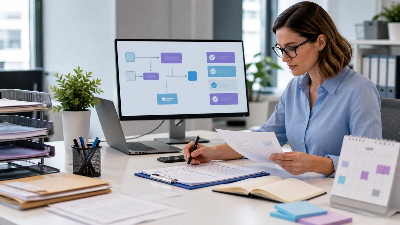 Responsable vérifiant des documents commerciaux dans un processus automatisé avec validation humaine
