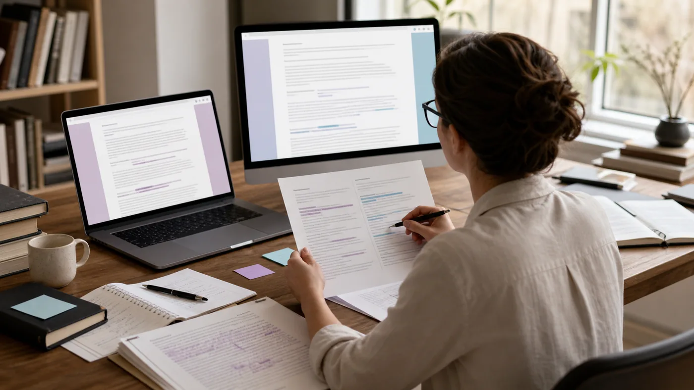 Éditrice comparant deux brouillons assistés par IA avec leurs sources et corrections